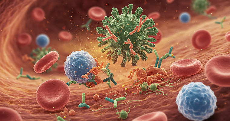 Image of white blood cells and antibodies attacking a virus. ©hattaarshavin (AI-generated)/AdobeStock