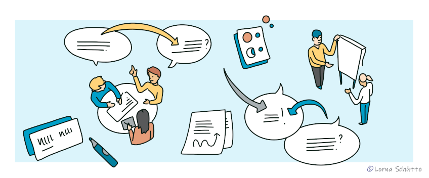 People sitting together and working, speech bubbles, notebooks (&copy; Lorna Sch&uuml;tte)