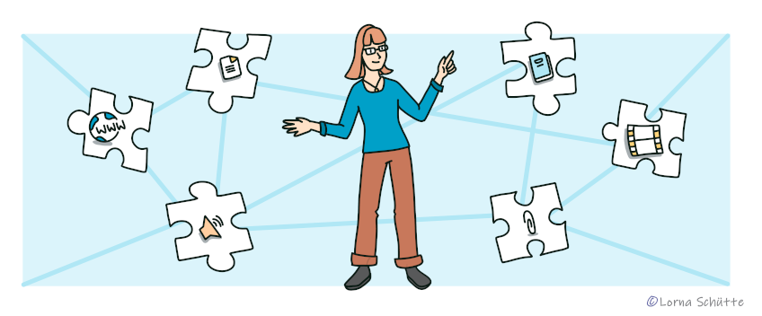 Frau steht inmitten von Puzzleteilen, welche verschiedene Symbole von Dateiformaten auf sich tragen (&copy; Lorna Sch&uuml;tte)