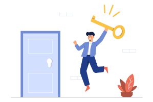 Man with key in hand jumps into the air, in front of him a blue door &copy;freepik