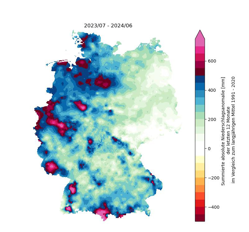 Grafik: Abweichung Niederschl&auml;ge in Deutschland im Zeitraum Juli 2023 bis Juni 2024. Auswertung: F. Boeing (UFZ-D&uuml;rremonitor)