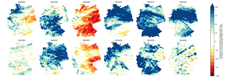 Relative Abweichung der Montasniederschl&auml;ge im Zeitraum Juli - Dezemeber 2023 (oben) und Januar - Juni 2024 (unten). Auswertung: F. Boeing (UFZ-D&uuml;rremonitor):