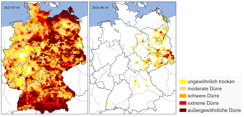 Grafik: Bodenfeuchted&uuml;rre im Gesamtboden bis zwei Meter Tiefe im Juli 2023 (links) und Juni 2024 (rechts). Quelle: UFZ-D&uuml;rremonitor