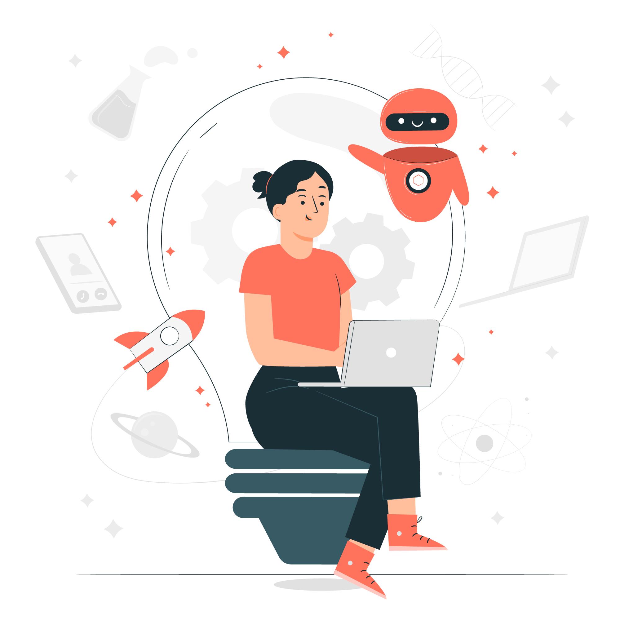 Frau sitzt mit Latop auf einer Gl&uuml;hbirne, w&auml;hrend ein kleiner Roboter &uuml;ber ihr schwebt. &copy;freepik/storyset