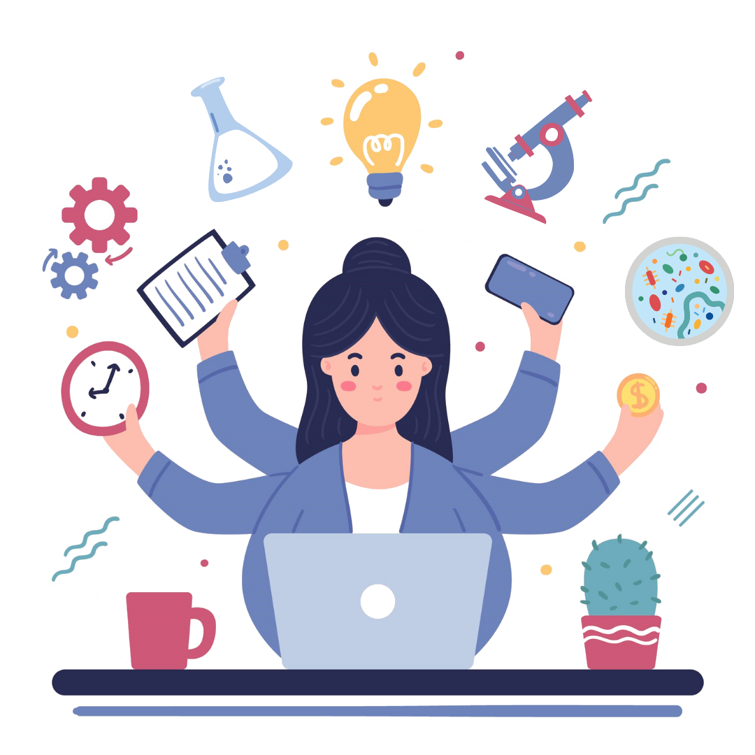 Person is joggling several symbols related so science management with four arms.