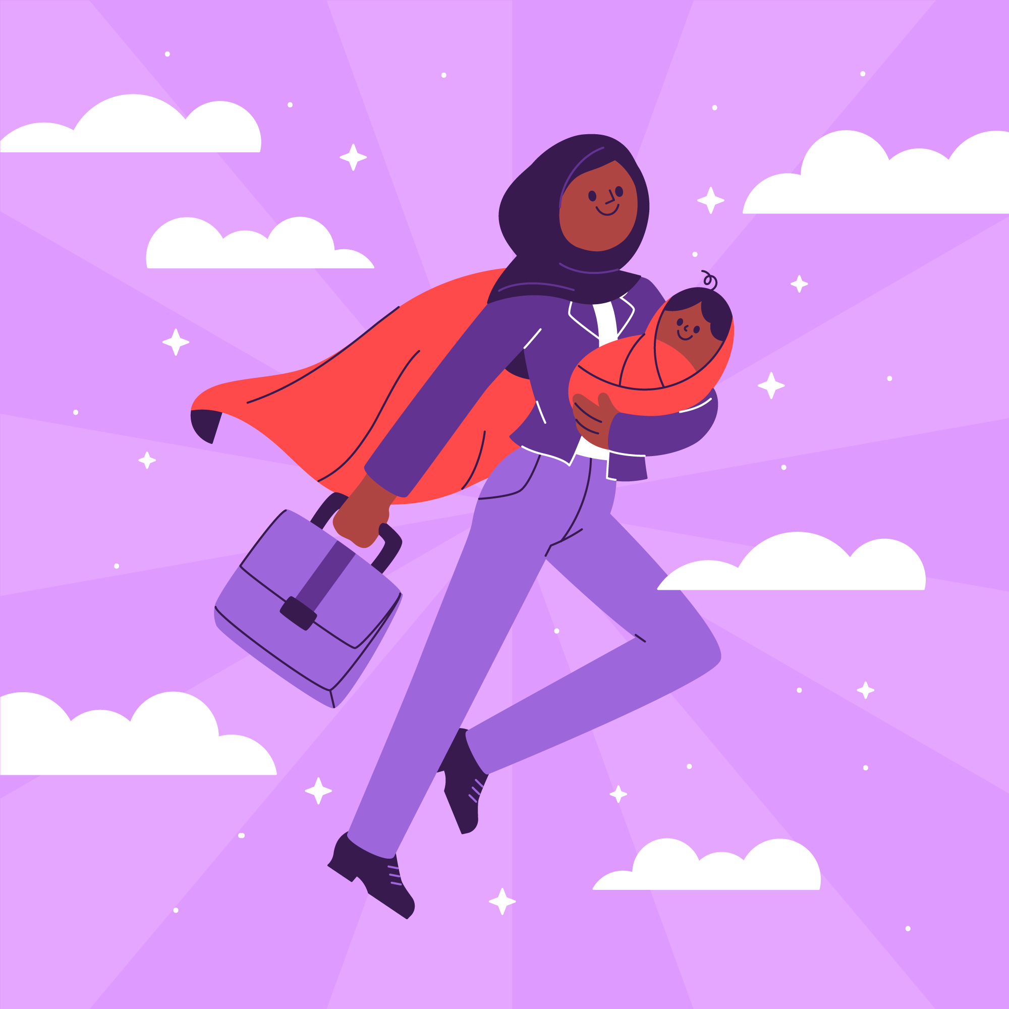 Woman with headscarf and baby in her arm flying towards the sky.