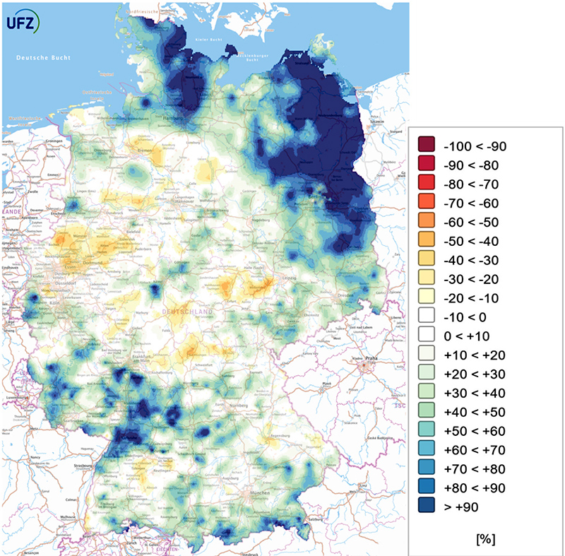 Grafik: Juli 2025 - Monatliche Niederschlagsabweichung Deutschland. Quelle: Datenbasis: DWD-CDC. Hintergrundkarte: BKG. Quelle: webapp.ufz.de/wis-d