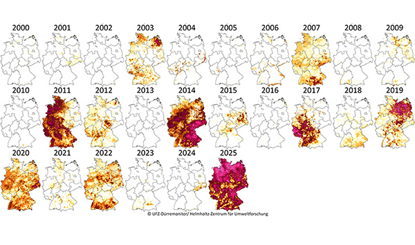 D&uuml;rreintensit&auml;ten im meteorologischen Fr&uuml;hling (M&auml;rz-Mai) f&uuml;r die Jahre 2000 - 2025. Quelle: UFZ