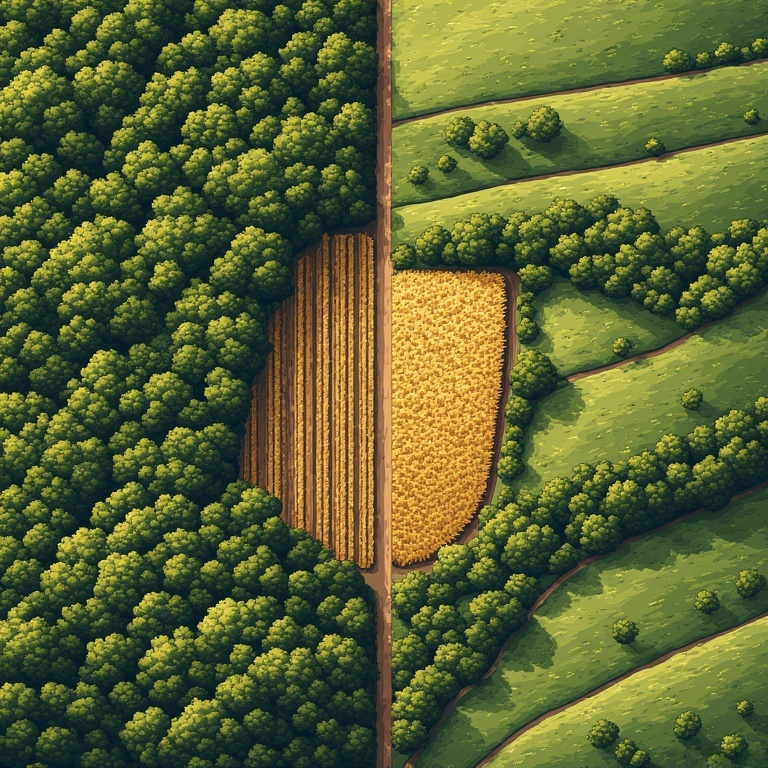 An agricultural landscape surrounded by forest