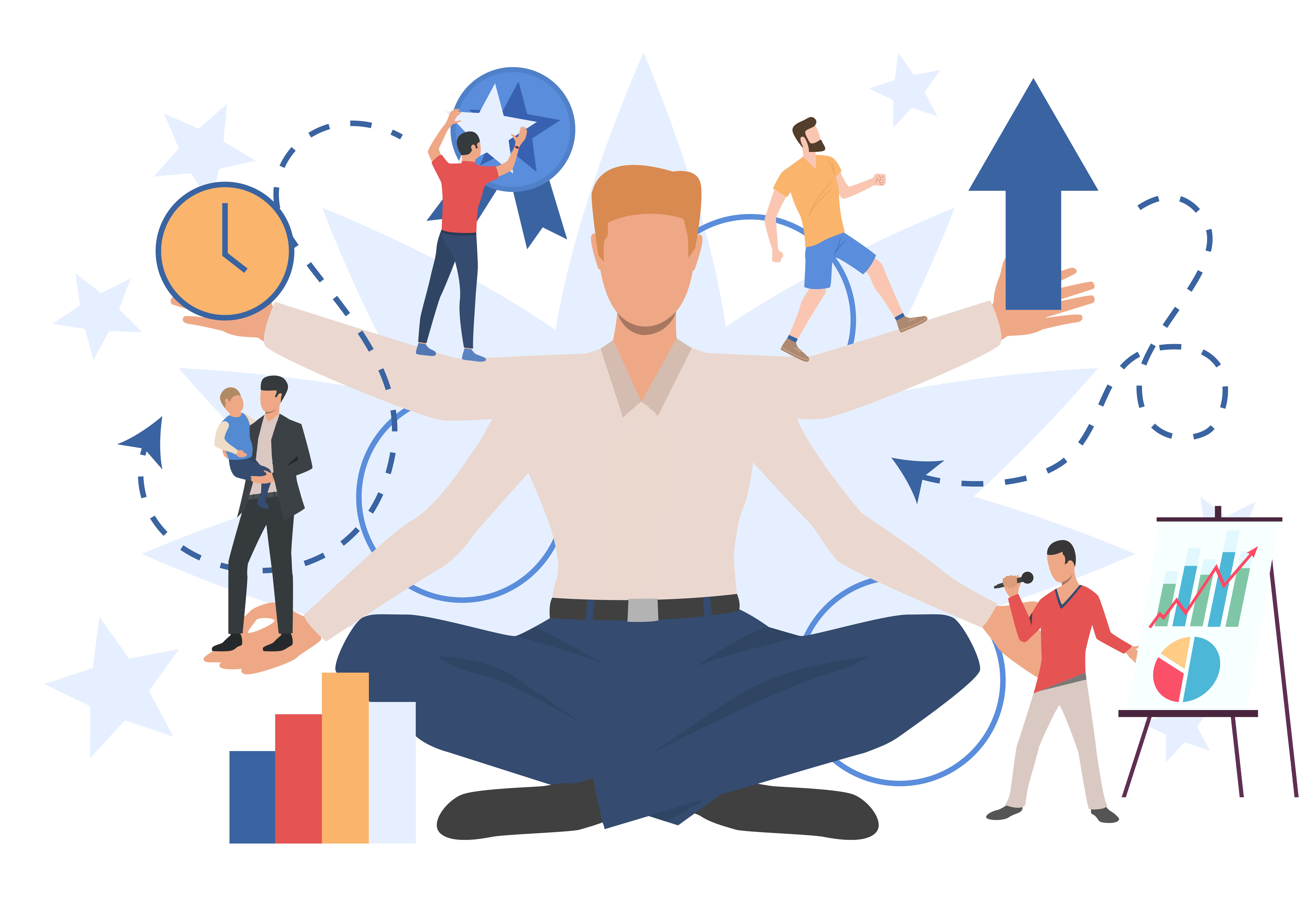 Mann mit mehreren Armen in der Mitte, ringsherum verschiedene t&auml;gliche Aufgaben