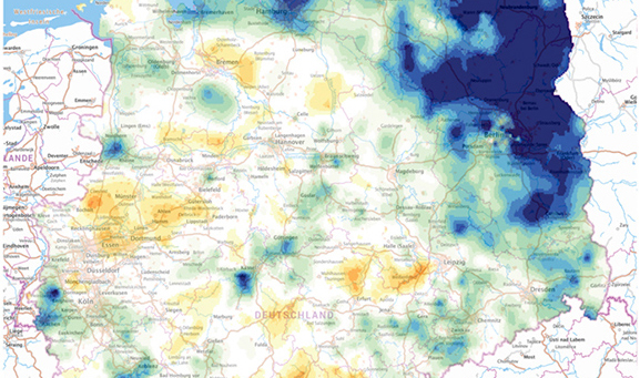 Relative monatliche Niederschlagsabweichung im Juli 2025 verglichen mit 1991-2020. Datenbasis: DWD-CDC. Hintergrundkarte: BKG. Quelle: webapp.ufz.de/wis-d