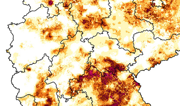 Relative monatliche Niederschlagsabweichung im Juli 2025 verglichen mit 1991-2020. Datenbasis: DWD-CDC. Hintergrundkarte: BKG. Quelle: webapp.ufz.de/wis-d