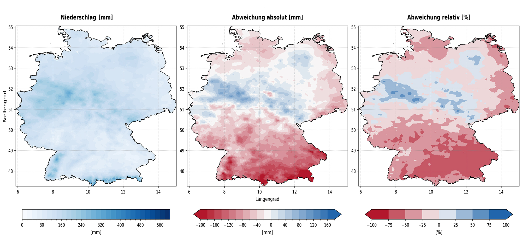 Niederschlagssumme im Fr&uuml;hling (links) sowie die absolute (Mitte) und relative Abweichung (rechts) aus weiterverarbeiteten Stationsdaten des DWD. Quelle: S. Schlaak & A. Marx / UFZ-D&uuml;rremonitor