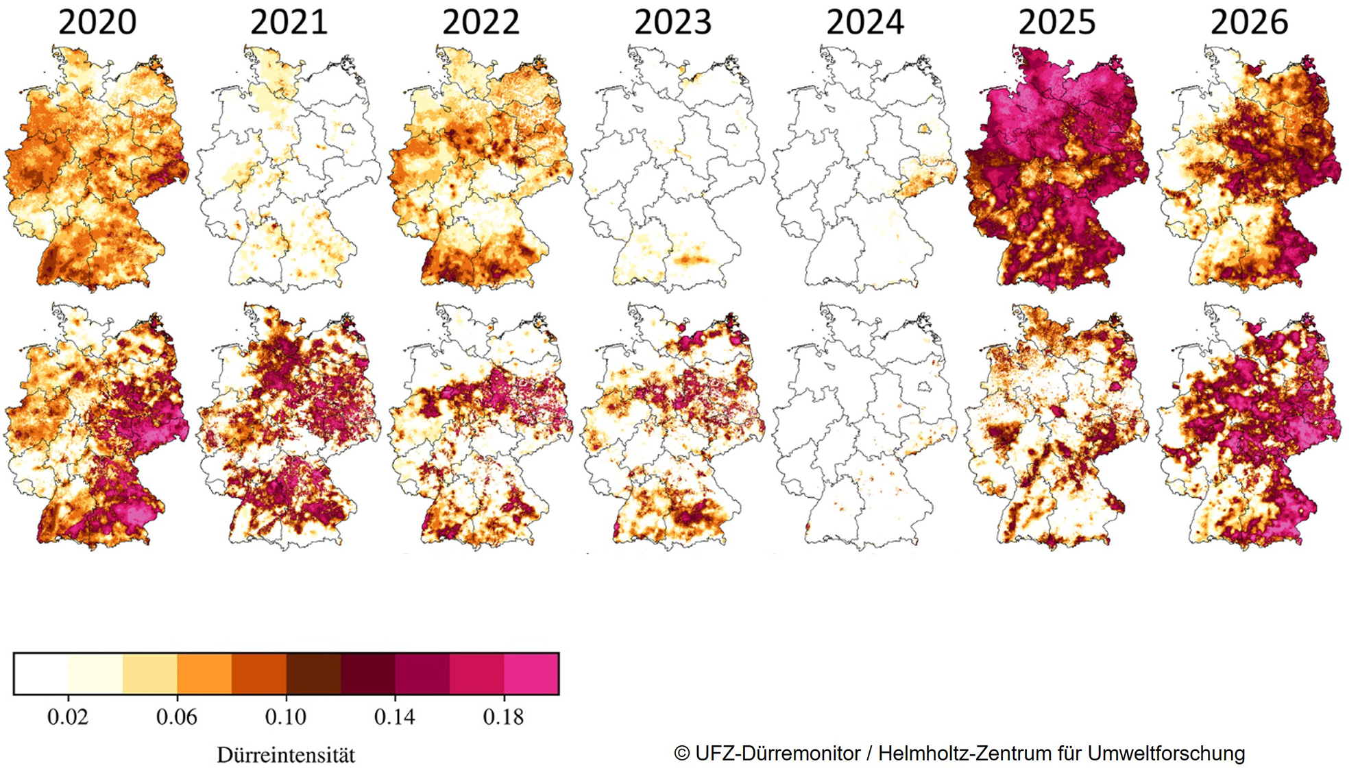 D&uuml;rreintensit&auml;ten im meteorologischen Fr&uuml;hling (M&auml;rz-Mai) f&uuml;r die Jahre zur&uuml;ck bis 1950. Je trockener der Boden und je l&auml;nger die D&uuml;rre anh&auml;lt, desto h&ouml;her die D&uuml;rreintensit&auml;ten. Quelle: UFZ