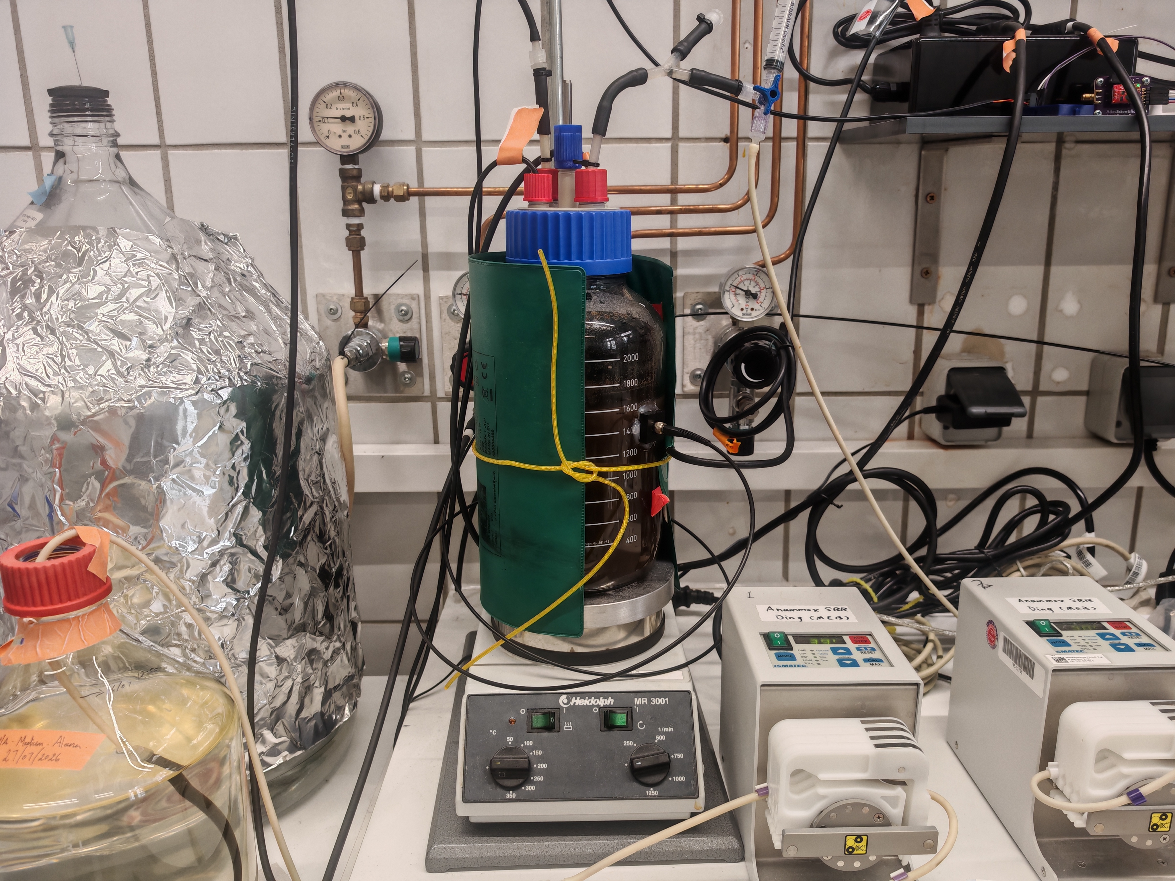 Automated laboratory sequencing batch reactor (SBR) for anammox and partial nitritation-anammox research. Cyclic feeding, reaction, settling and decanting, together with stirring, aeration, temperature and dissolved-oxygen control, are coordinated by the Raspberry Pi-based control system.